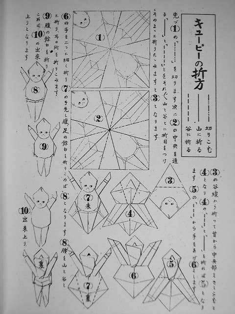 キューピーおりがみ 出典 北川和夫 キューピーさん 河出書房新社より付録の折紙には光弘式折紙 キユウピー 小光社との記載があり 元はここからの出典のようである 昭和初期ばんざいのポーズのキューピーさんを折ることができるが 折り方は